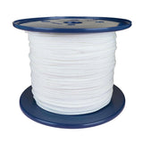 Spool of 2.5mm white braided polyester cord on a plastic reel with a white background