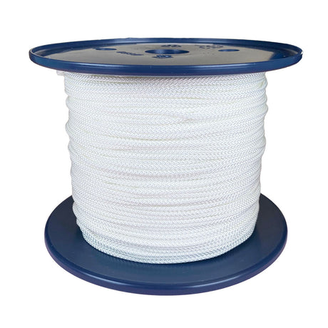 Spool of 2.5mm white braided polyester cord on a plastic reel with a white background