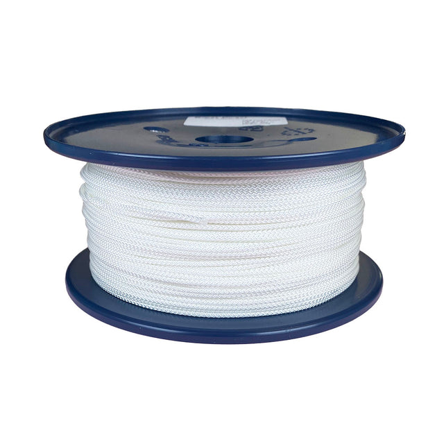 Spool of 2mm white braided polyester cord on a plastic reel with a white background