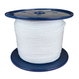 Spool of 3.5mm white braided polyester cord on a plastic reel with a white background