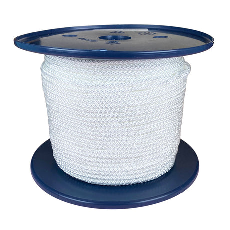 Spool of 3.5mm white braided polyester cord on a plastic reel with a white background