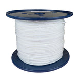 Spool of 3mm white braided polyester cord on a plastic reel with a white background