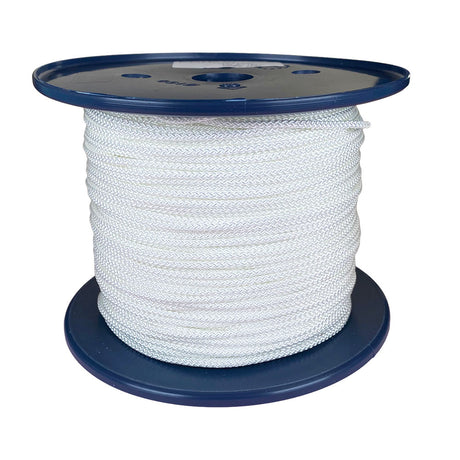Spool of 3mm white braided polyester cord on a plastic reel with a white background