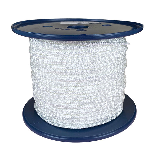 Spool of 3mm white braided polyester cord on a plastic reel with a white background