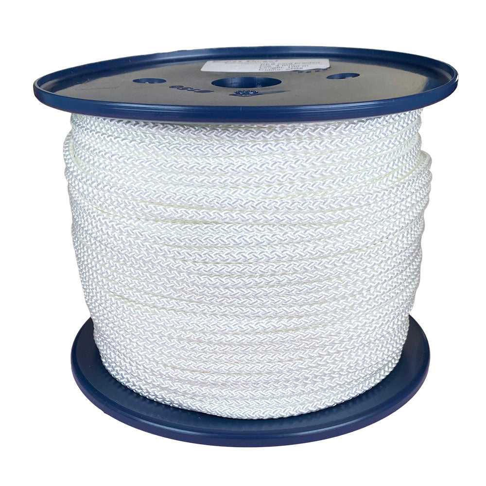 Spool of 4mm white braided polyester cord on a plastic reel with a white background