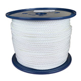 Spool of 4mm white braided polyester cord on a plastic reel with a white background