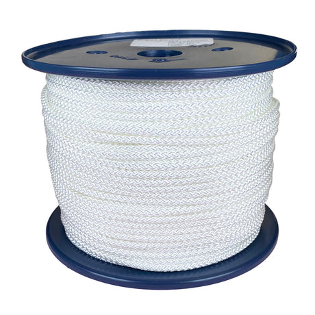Spool of 4mm white braided polyester cord on a plastic reel with a white background