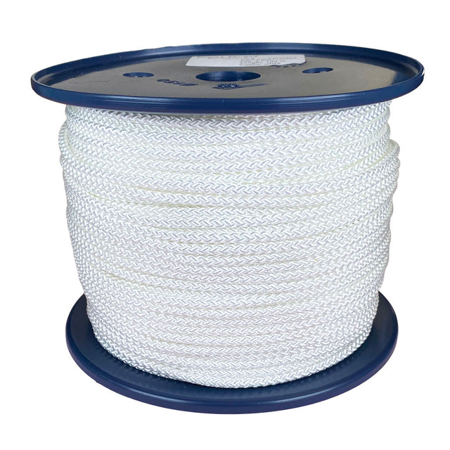 Spool of 4mm white braided polyester cord on a plastic reel with a white background