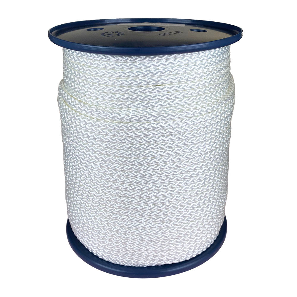 Spool of 5mm white braided polyester cord on a plastic reel with a white background