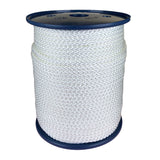 Spool of 5mm white braided polyester cord on a plastic reel with a white background