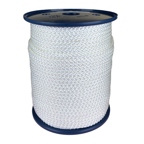 Spool of 5mm white braided polyester cord on a plastic reel with a white background