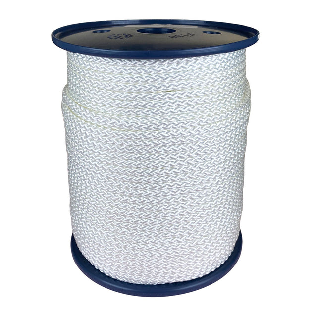 Spool of 5mm white braided polyester cord on a plastic reel with a white background