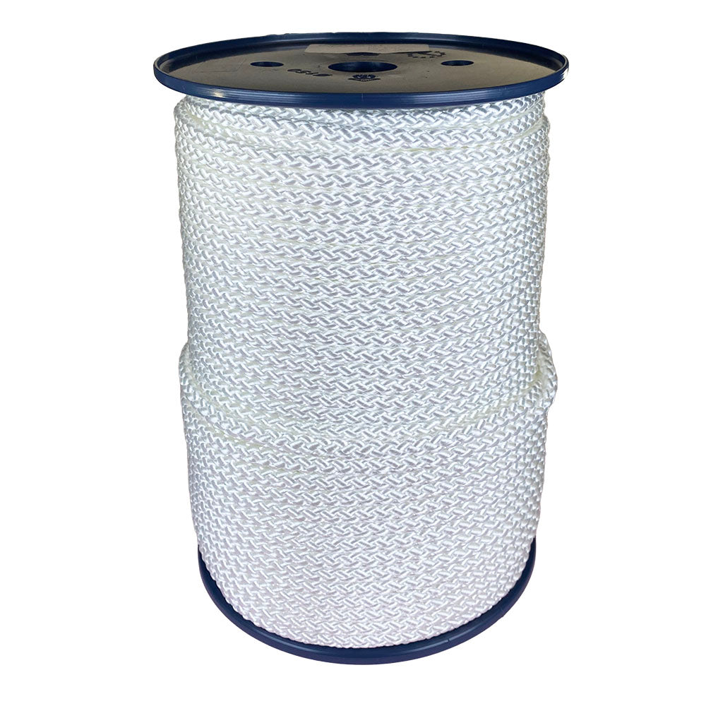 Spool of 6mm white braided polyester cord on a plastic reel with a white background