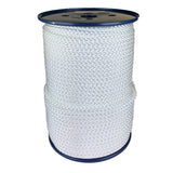 Spool of 6mm white braided polyester cord on a plastic reel with a white background