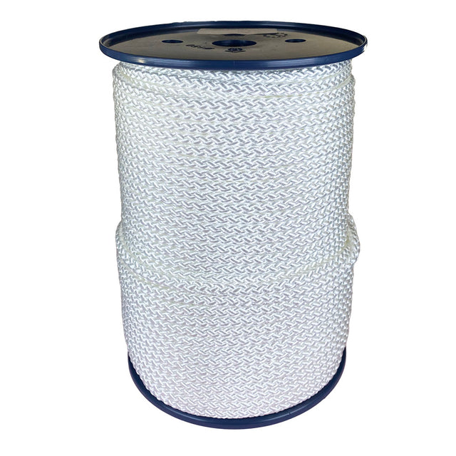 Spool of 6mm white braided polyester cord on a plastic reel with a white background
