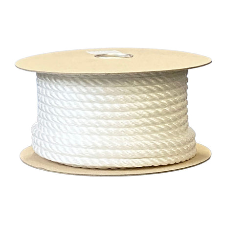 Spool of white rope on a cardboard reel with a white background