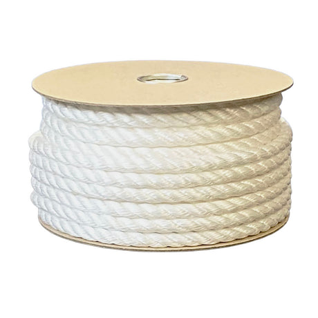 Spool of white rope on a cardboard reel against a white background