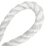 Loop of white polypropylene rope on a white background