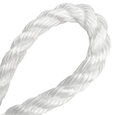 Loop of white polypropylene rope on a white background