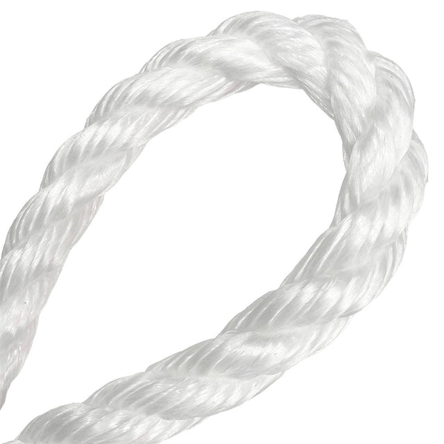 Loop of white polypropylene rope on a white background
