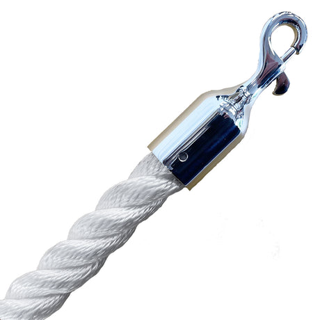 White rope with a silver metal trigger hook on a white background