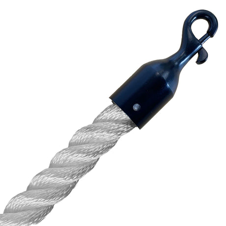 White rope with a black metal hook on a white background