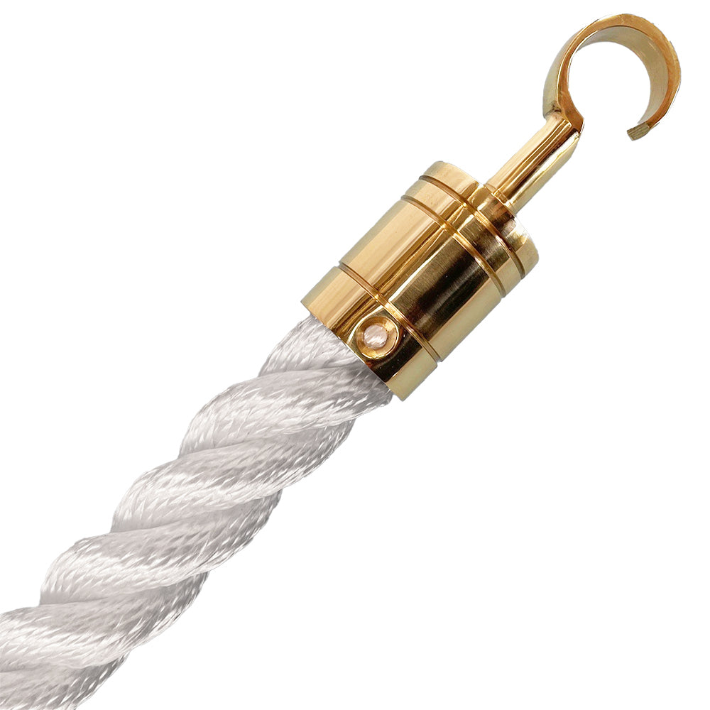 Gold hook attached to white rope on a white background