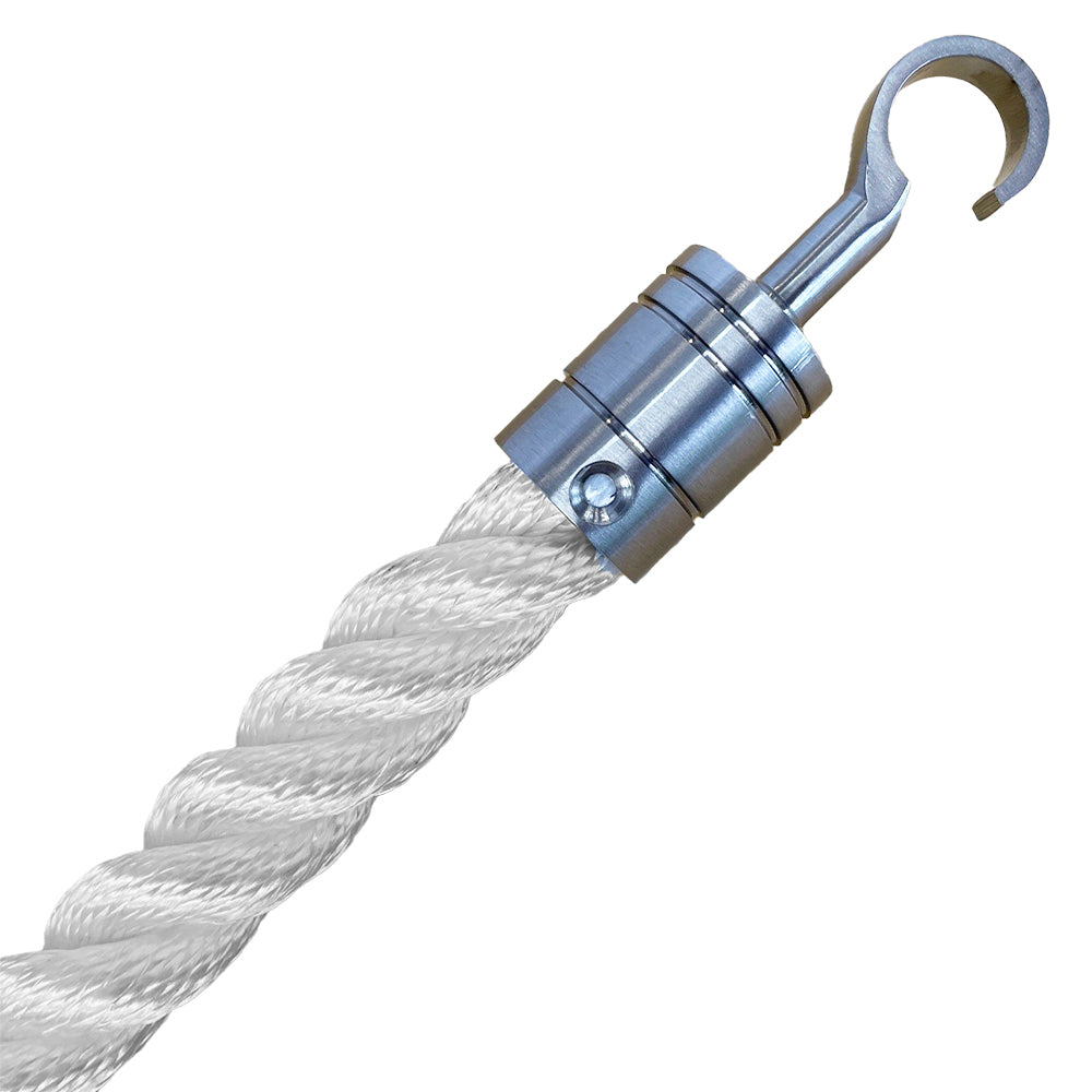 Metal hook with white rope on a white background