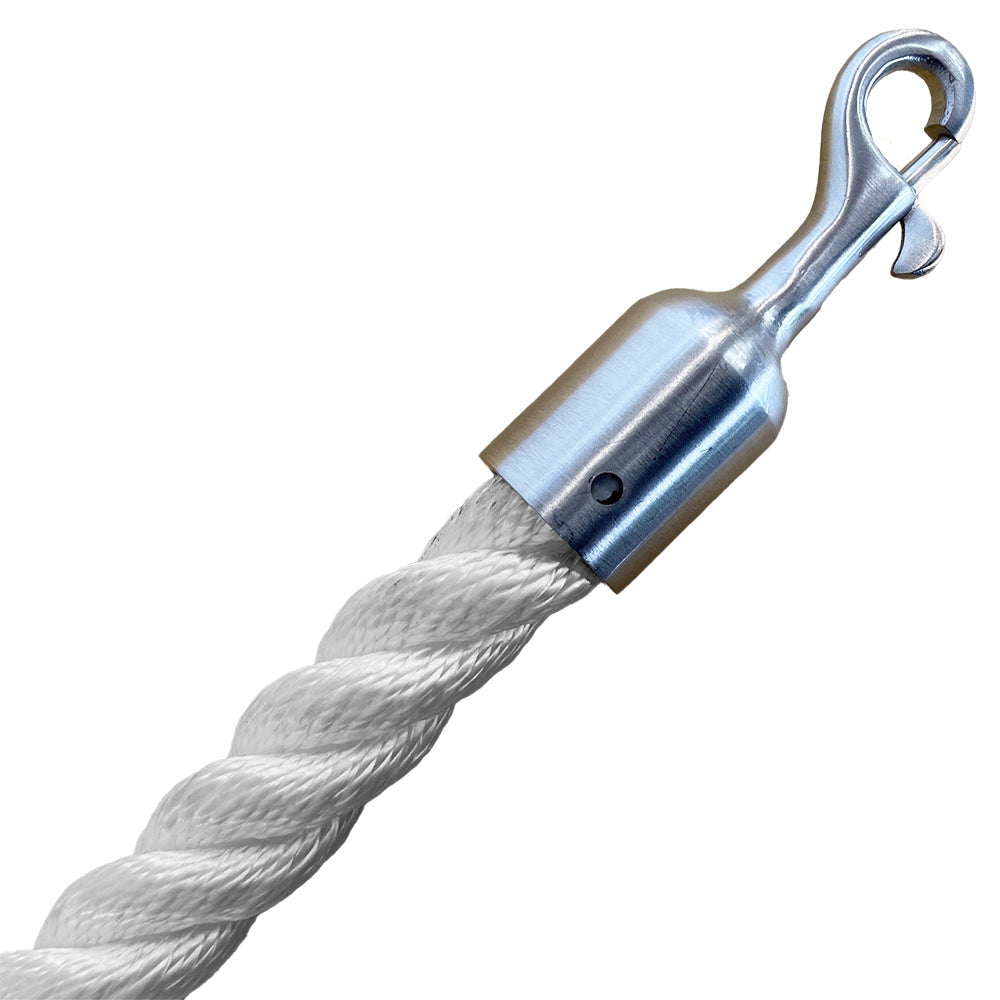 White rope with a metal trigger hook clip on a white background