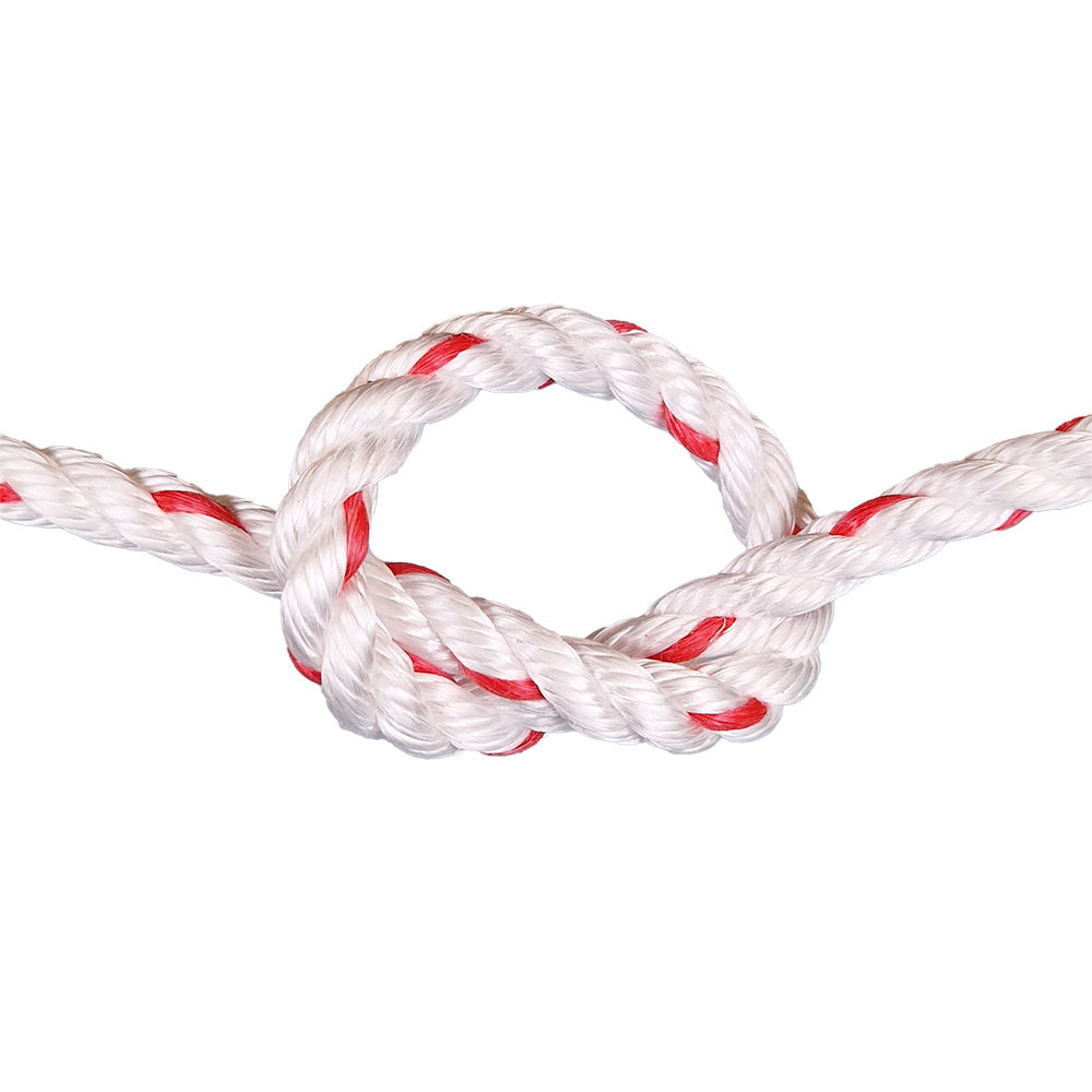 White rope with red accents tied in a knot on a white background