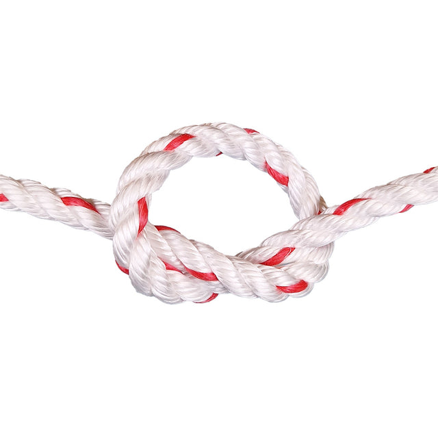 White rope with red accents tied in a knot on a white background