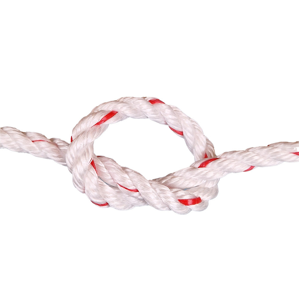 White rope with red accents tied in a knot on a white background