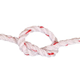 White rope with red accents tied in a knot on a white background