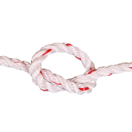 White rope with red accents tied in a knot on a white background