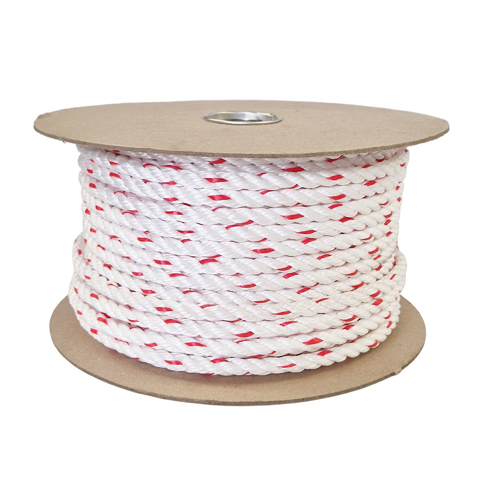 Spool of white rope with red flecks on a cardboard reel against a white background