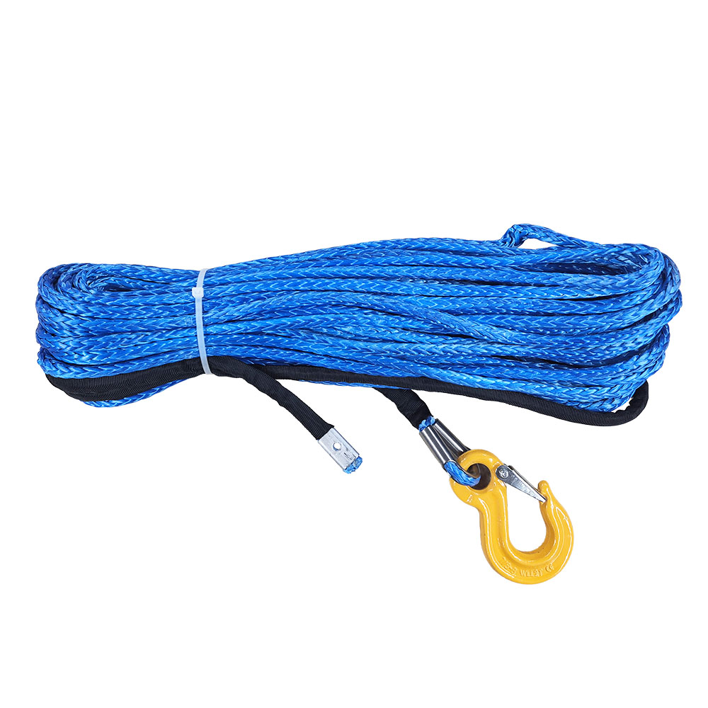Blue synthetic winch rope with a yellow hook on a white background