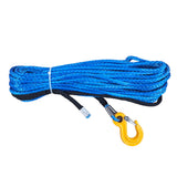 Blue synthetic winch rope with a yellow hook on a white background