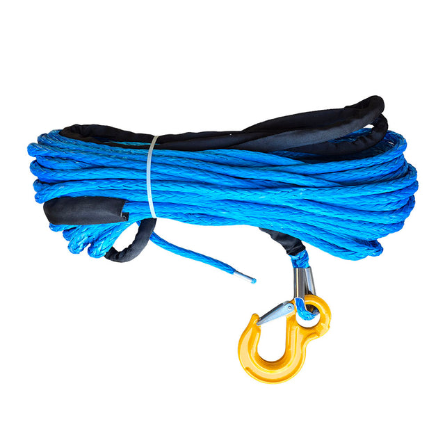 Blue winch rope with a black sleeve and yellow hook