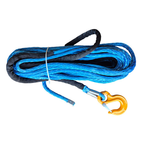 Blue winch rope with a black sleeve and yellow hook