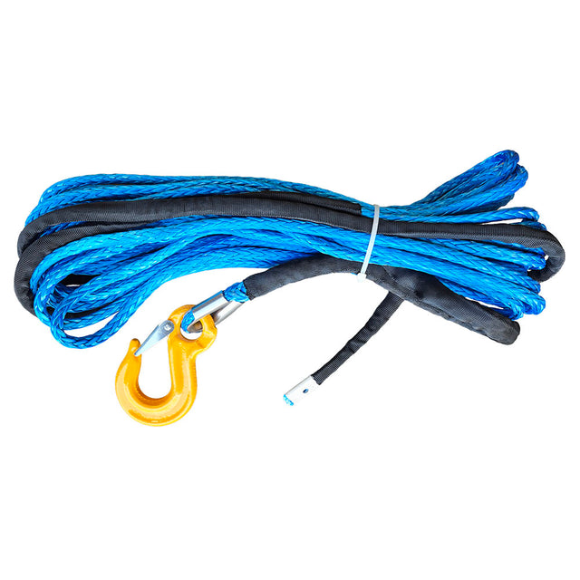 Blue winch rope with a black sleeve and yellow hook