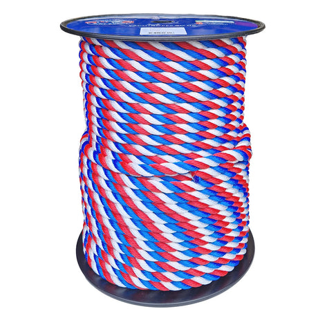 Spool of striped red, white and blue rope on a plastic reel with a white background