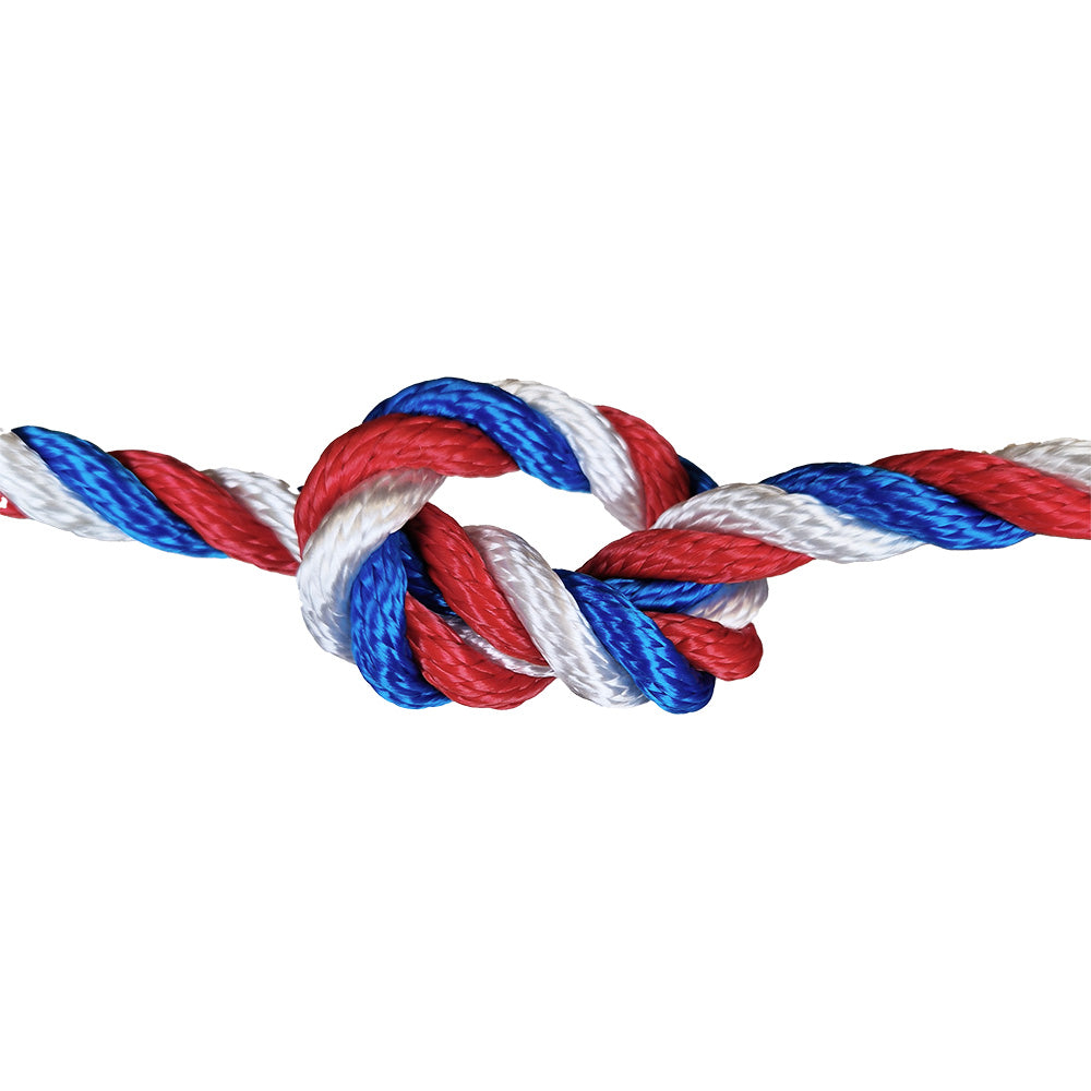 Red, white, and blue rope tied in a knot on a white background