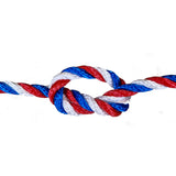 Red, white, and blue rope tied in a knot on a white background