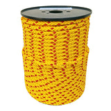 Spool of yellow rope with red accents on a white background