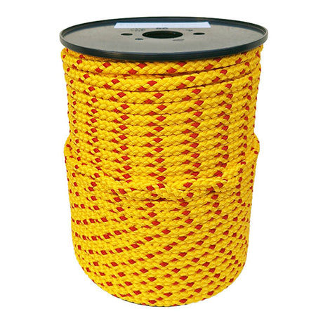 Spool of yellow rope with red accents on a white background