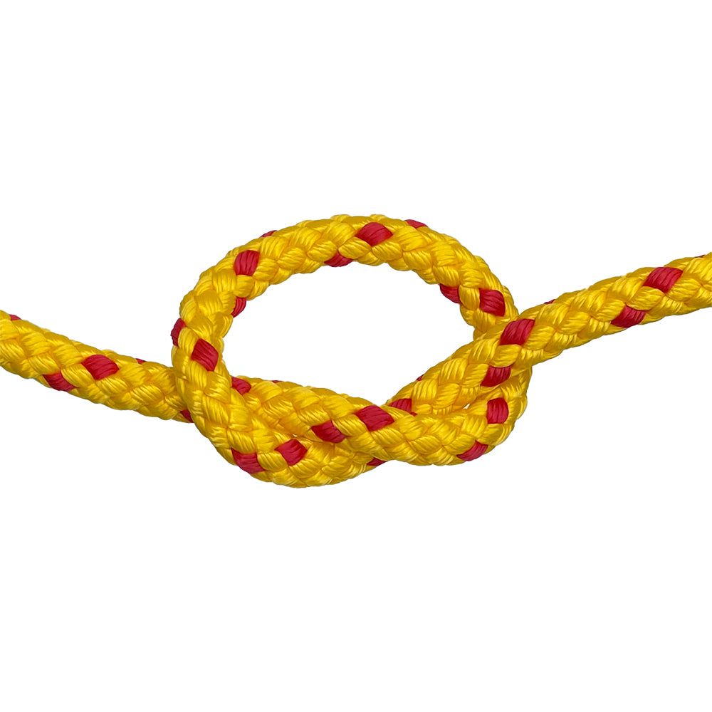 Yellow rope with a knot featuring red diamond pattern on a white background