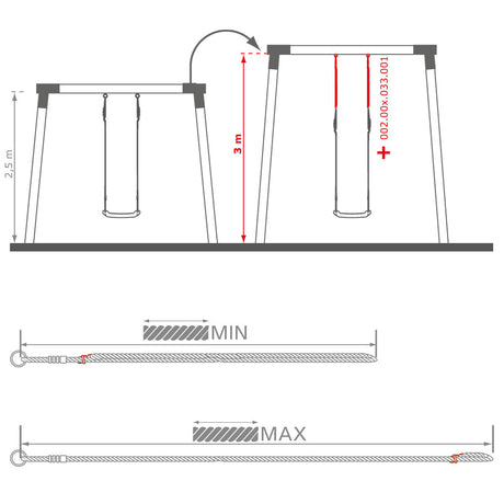 Technical dimension diagram of a swing set with measurements, including a 2.5 m height, 3 m swing height, and rope length limits labeled MIN and MAX.