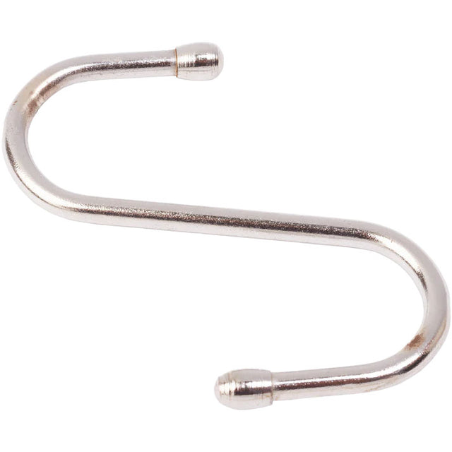 Silver S-shaped metal hook on a white background