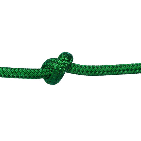 Green braided polyester rope with a knot on a white background