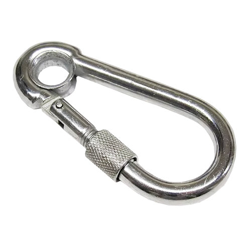 Metal carabiner with a screw gate on a white background